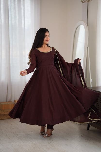 Dark Brown Mal Chanderi  Mirror Work Designer Anarkali Gown Pant and Dupatta