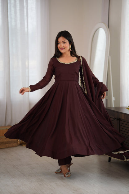 Dark Brown Mal Chanderi  Mirror Work Designer Anarkali Gown Pant and Dupatta