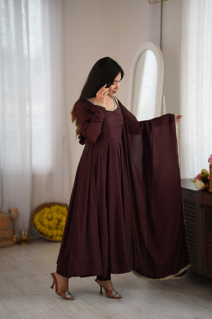 Dark Brown Mal Chanderi  Mirror Work Designer Anarkali Gown Pant and Dupatta