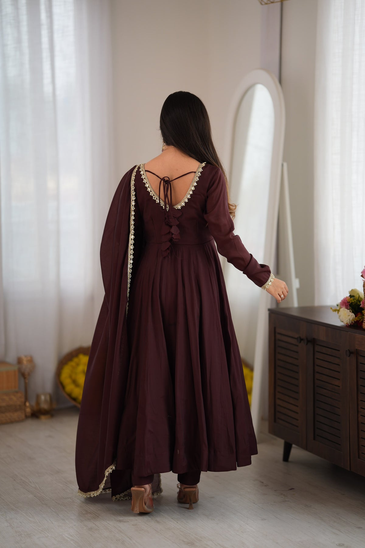 Dark Brown Mal Chanderi  Mirror Work Designer Anarkali Gown Pant and Dupatta