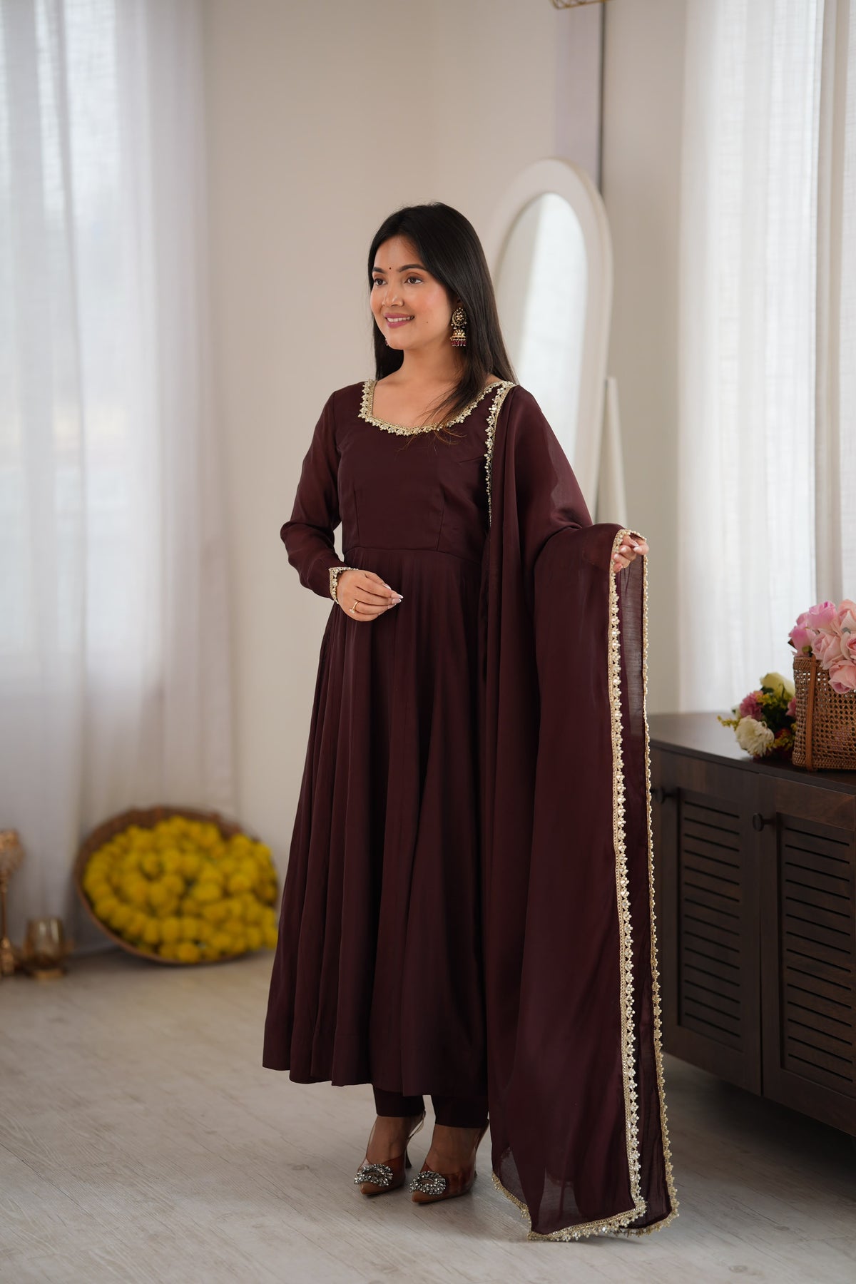 Dark Brown Mal Chanderi  Mirror Work Designer Anarkali Gown Pant and Dupatta