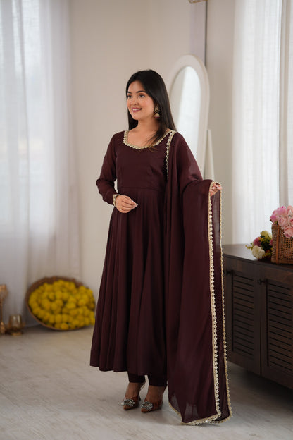 Dark Brown Mal Chanderi  Mirror Work Designer Anarkali Gown Pant and Dupatta