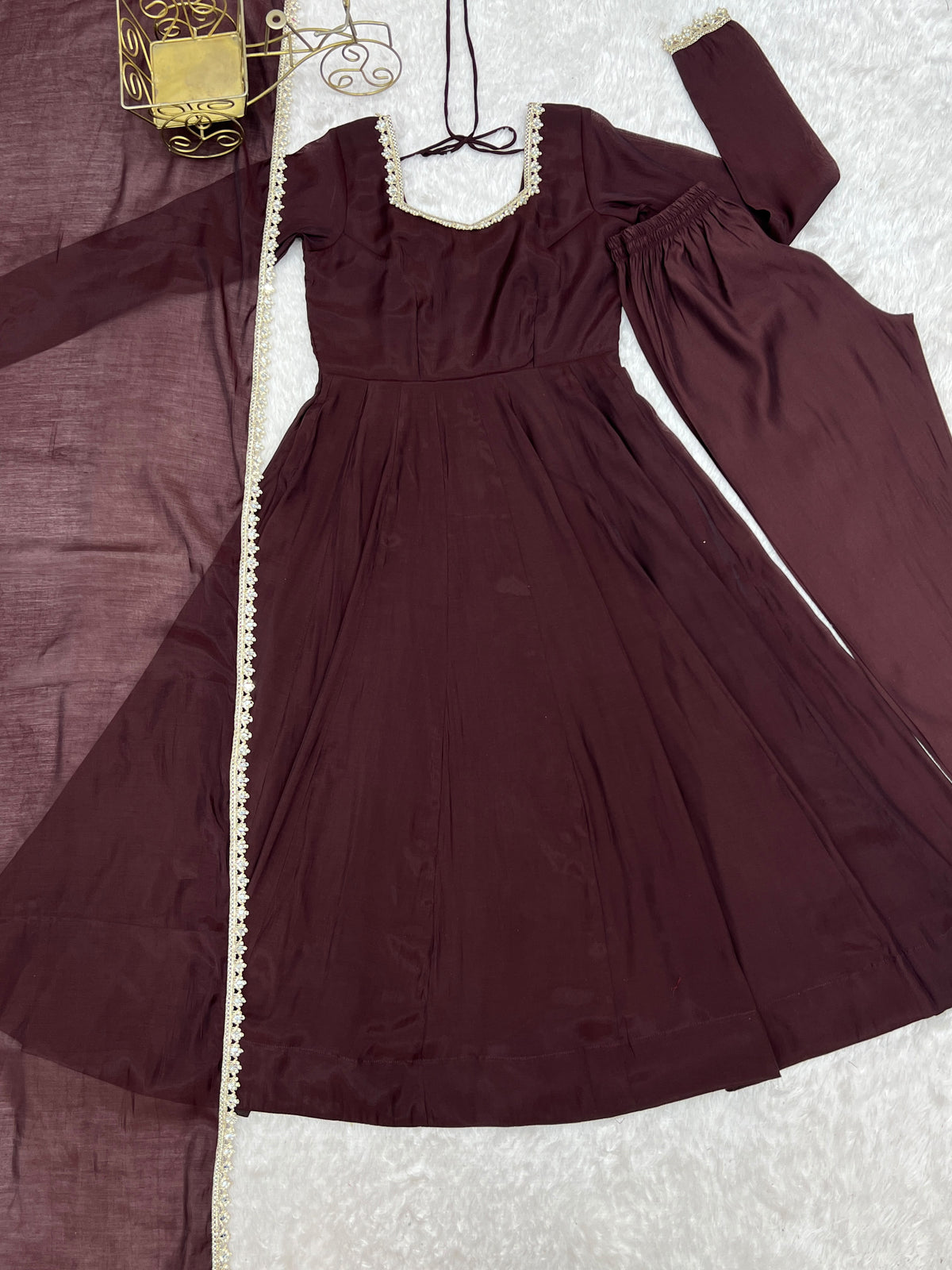 Dark Brown Mal Chanderi  Mirror Work Designer Anarkali Gown Pant and Dupatta