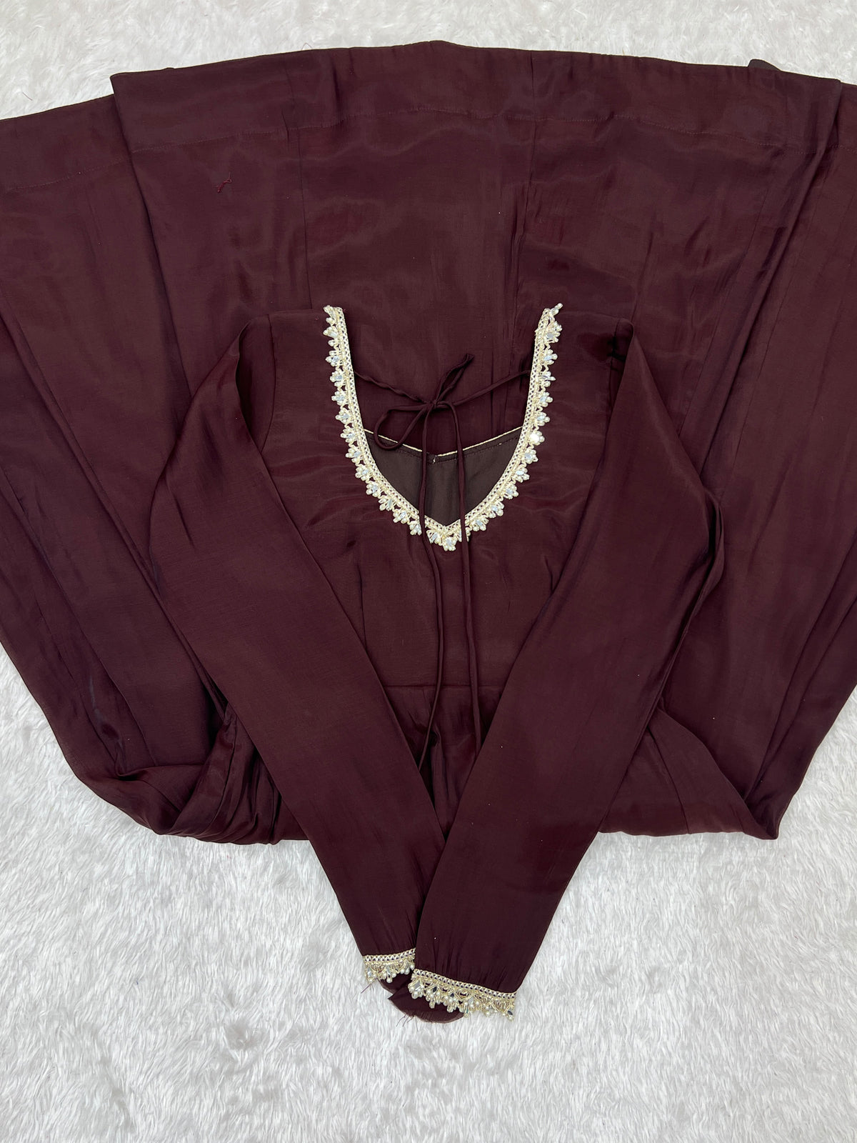 Dark Brown Mal Chanderi  Mirror Work Designer Anarkali Gown Pant and Dupatta