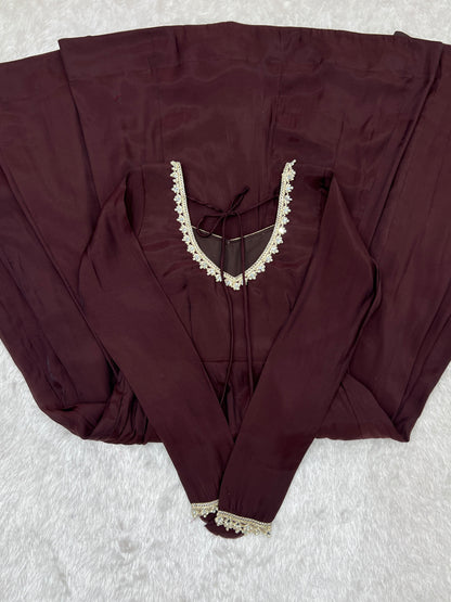 Dark Brown Mal Chanderi  Mirror Work Designer Anarkali Gown Pant and Dupatta