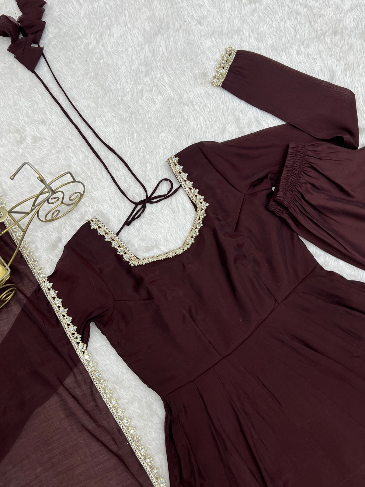 Dark Brown Mal Chanderi  Mirror Work Designer Anarkali Gown Pant and Dupatta