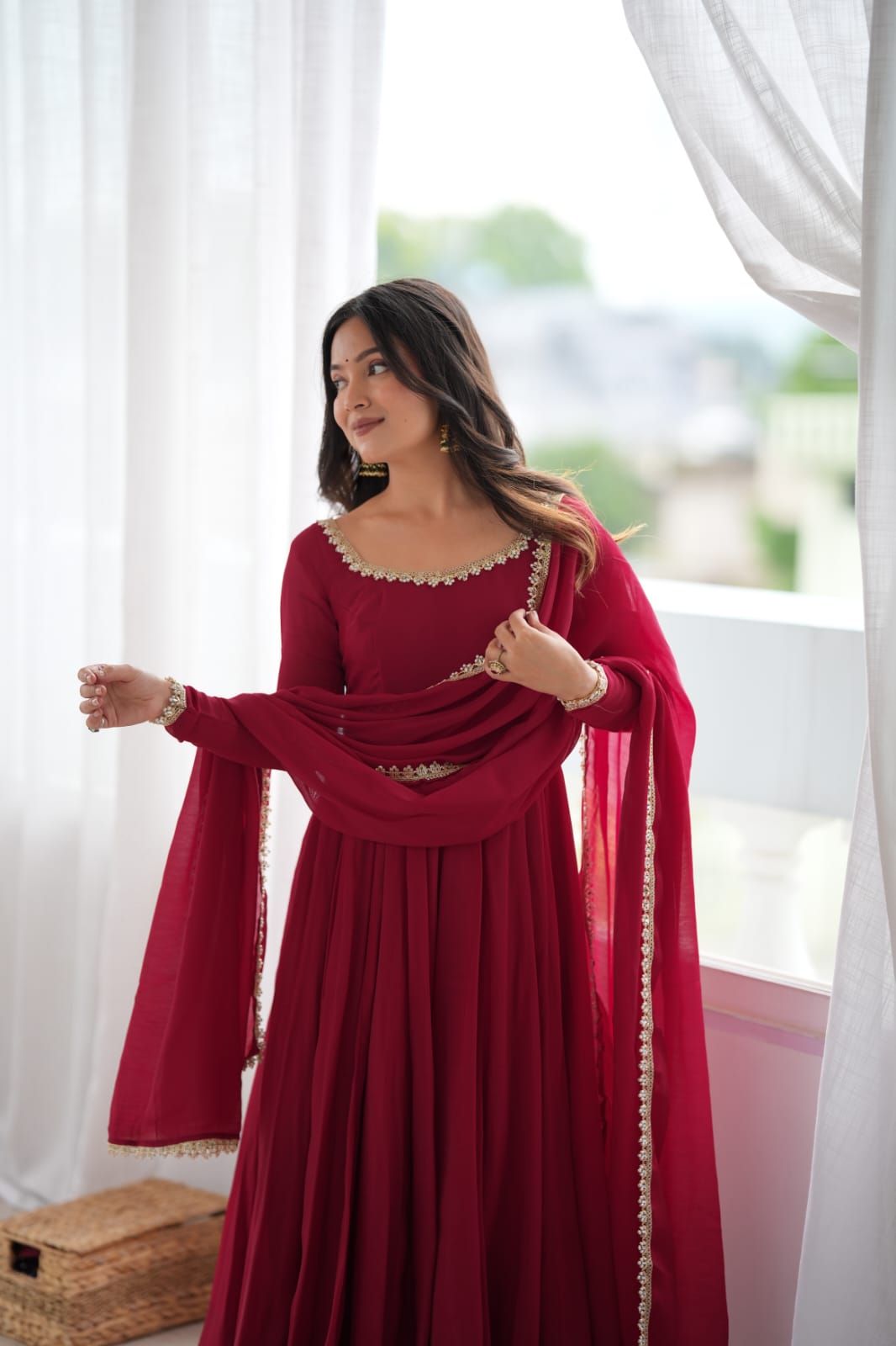 Maroon Mal Chanderi  Mirror Work Designer Anarkali Gown Pant and Dupatta