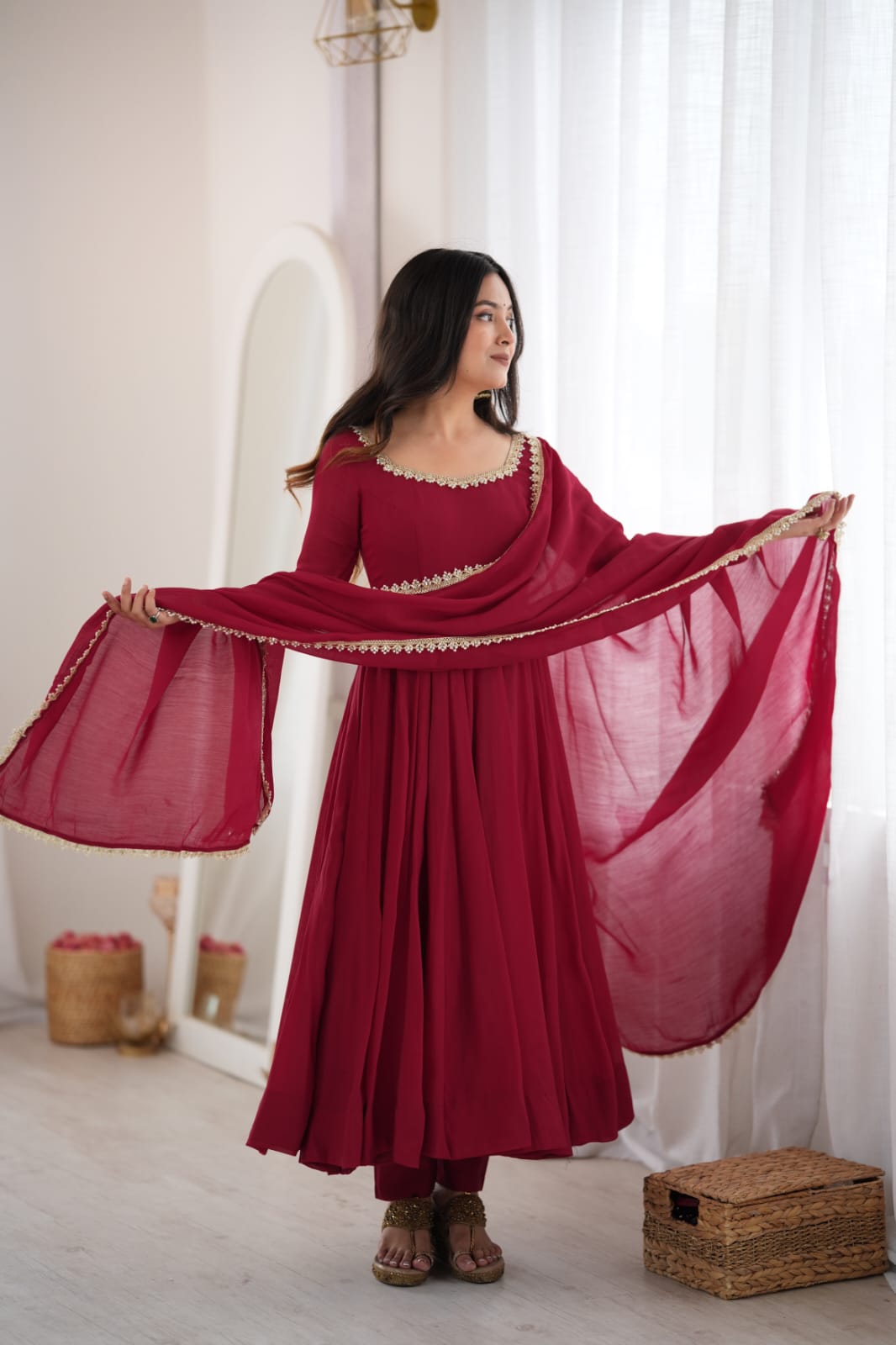 Maroon Mal Chanderi  Mirror Work Designer Anarkali Gown Pant and Dupatta