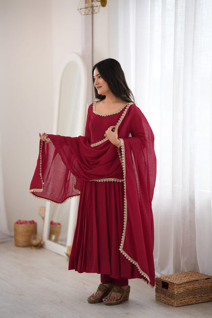 Maroon Mal Chanderi  Mirror Work Designer Anarkali Gown Pant and Dupatta