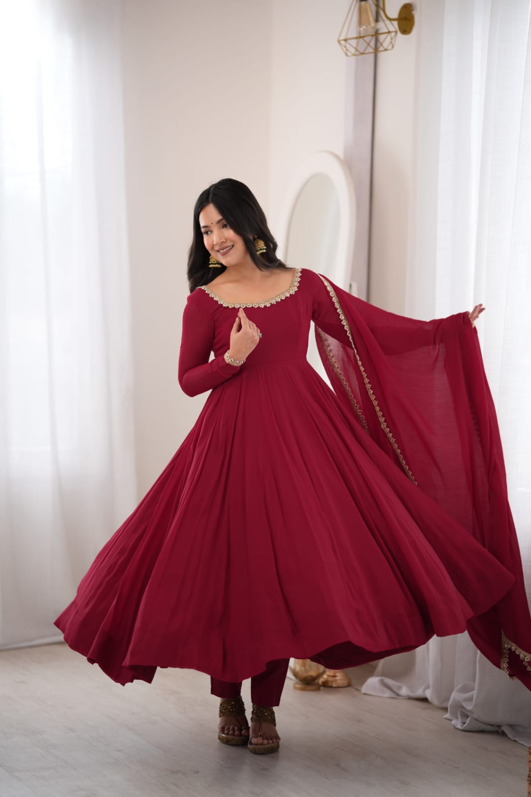Maroon Mal Chanderi  Mirror Work Designer Anarkali Gown Pant and Dupatta