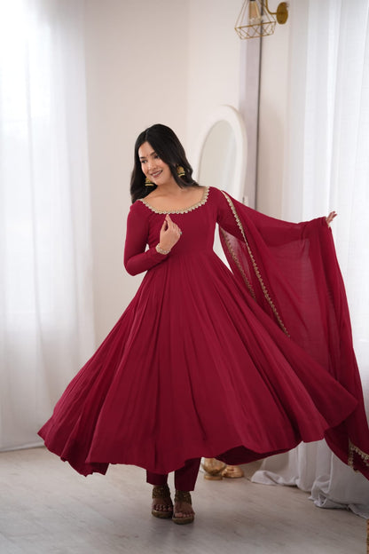 Maroon Mal Chanderi  Mirror Work Designer Anarkali Gown Pant and Dupatta