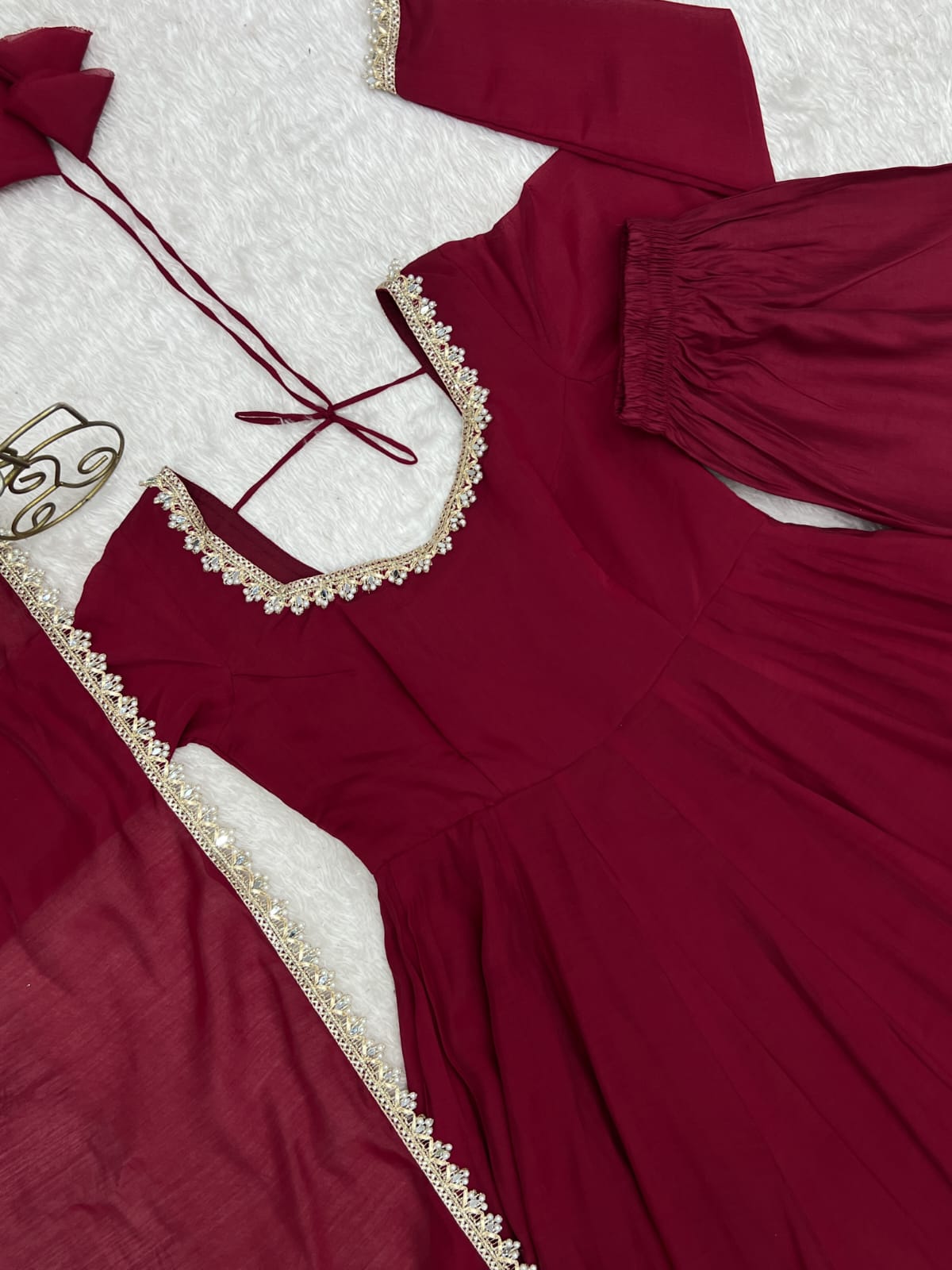 Maroon Mal Chanderi  Mirror Work Designer Anarkali Gown Pant and Dupatta