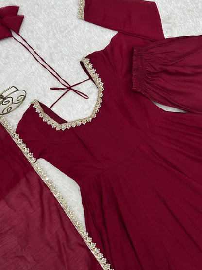 Maroon Mal Chanderi  Mirror Work Designer Anarkali Gown Pant and Dupatta