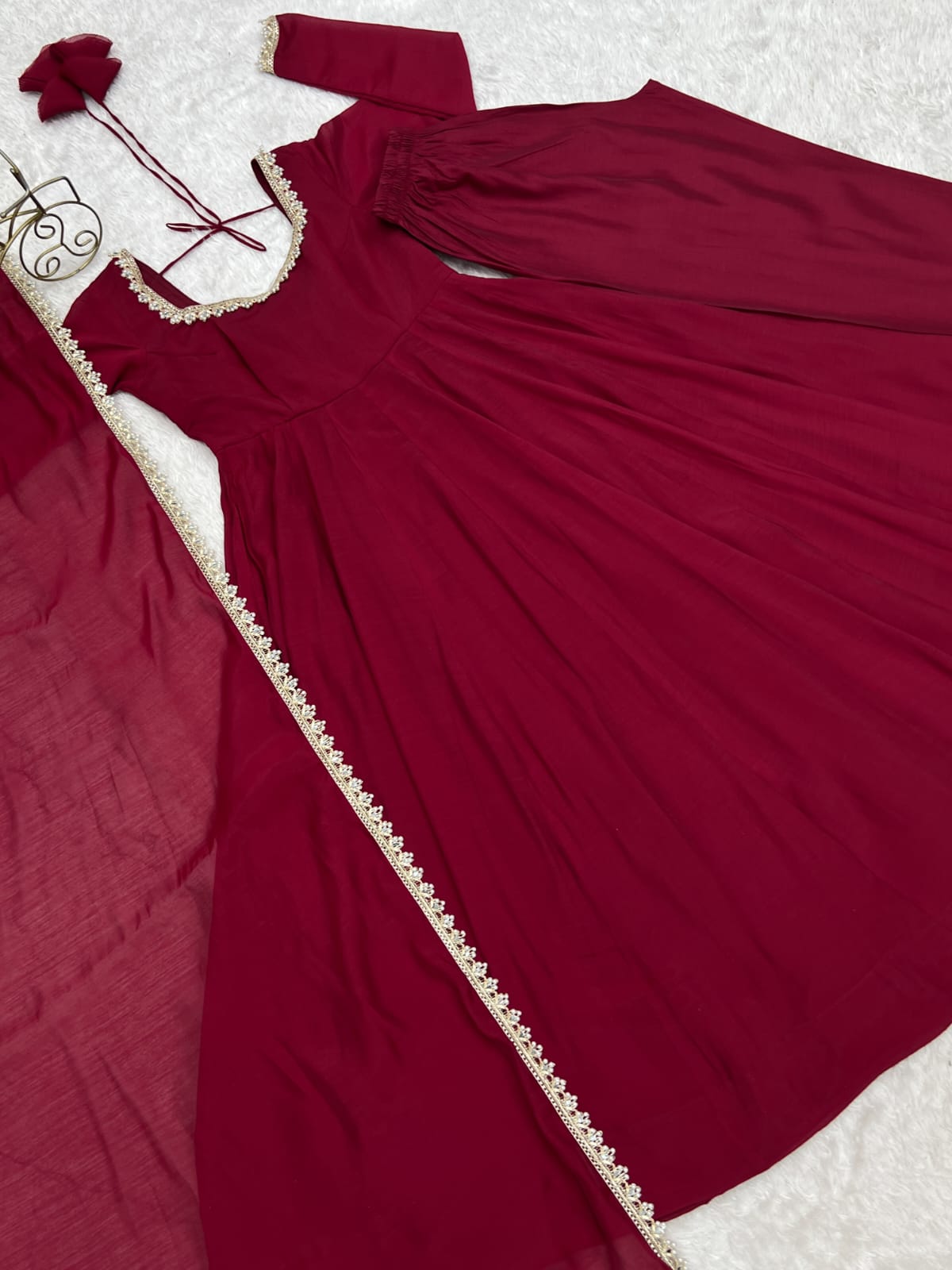 Maroon Mal Chanderi  Mirror Work Designer Anarkali Gown Pant and Dupatta