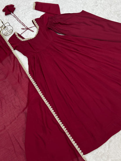 Maroon Mal Chanderi  Mirror Work Designer Anarkali Gown Pant and Dupatta