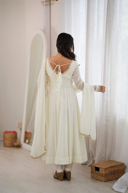 White Mal Chanderi  Mirror Work Designer Anarkali Gown Pant and Dupatta