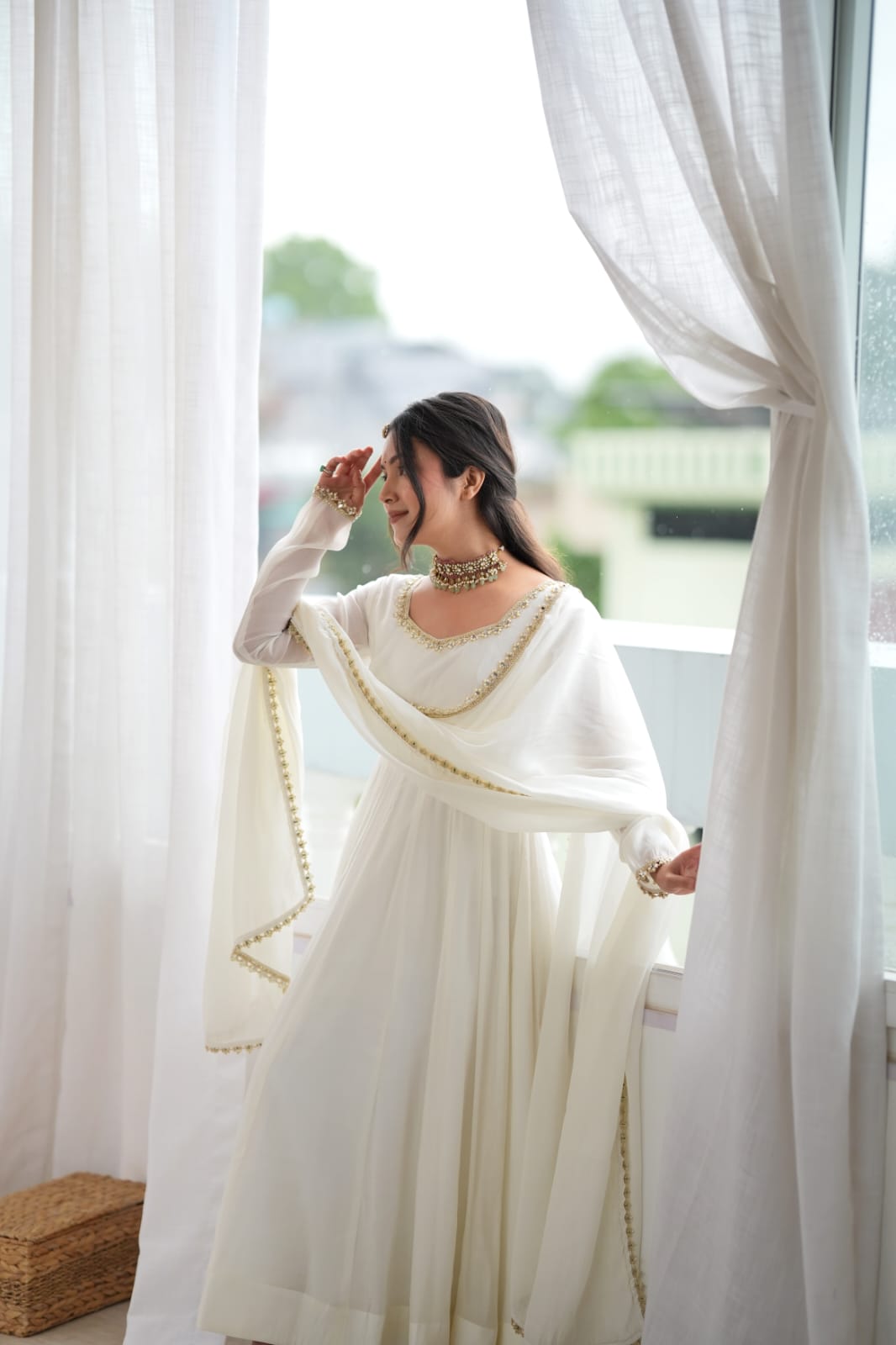 White Mal Chanderi  Mirror Work Designer Anarkali Gown Pant and Dupatta