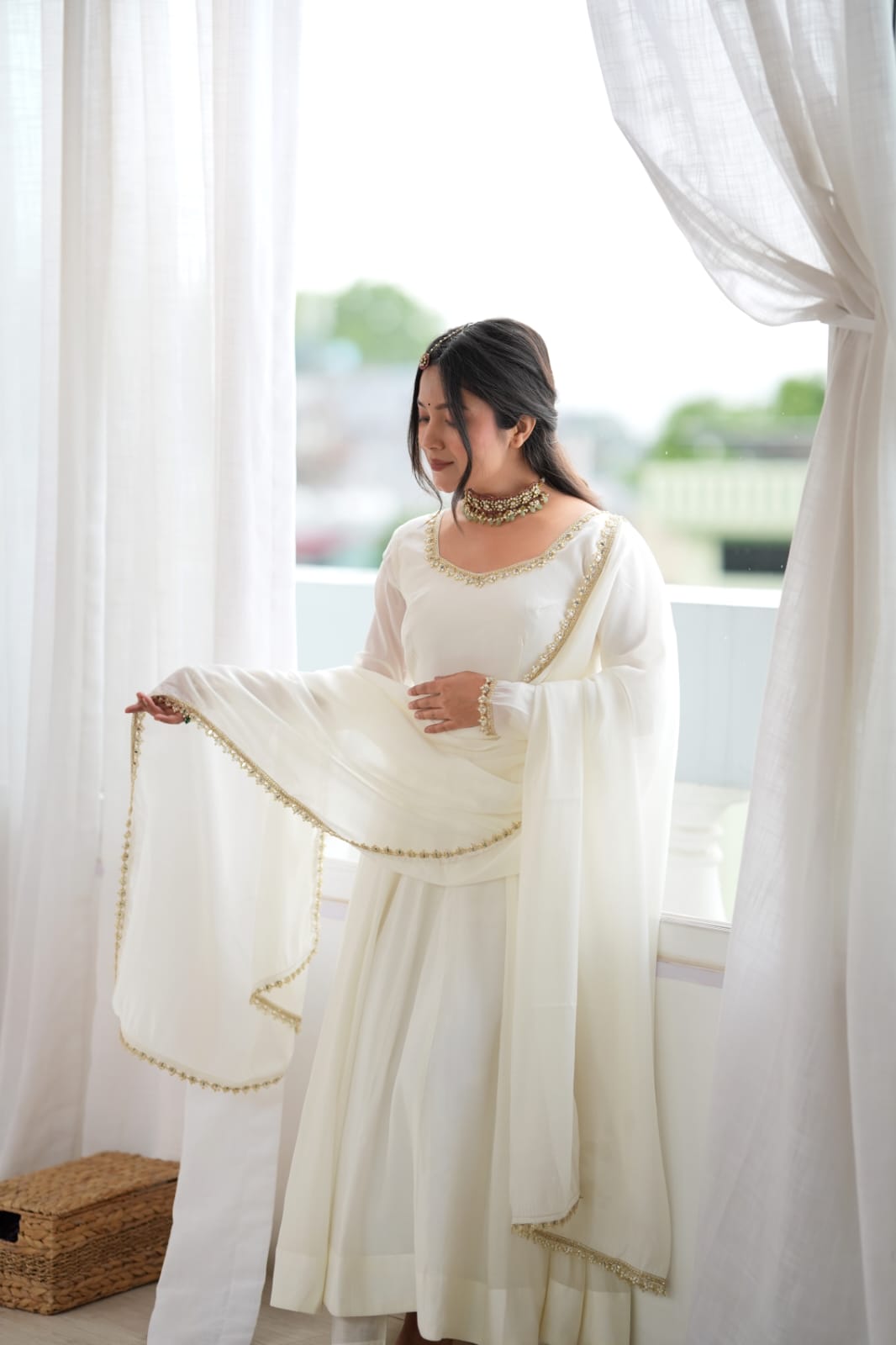 White Mal Chanderi  Mirror Work Designer Anarkali Gown Pant and Dupatta