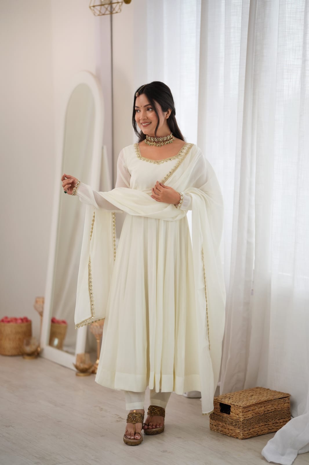White Mal Chanderi  Mirror Work Designer Anarkali Gown Pant and Dupatta