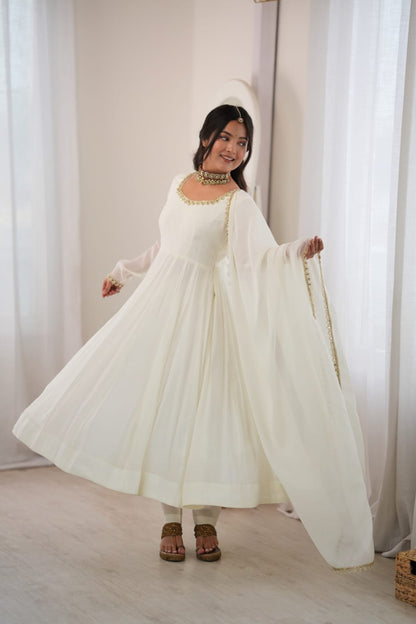 White Mal Chanderi  Mirror Work Designer Anarkali Gown Pant and Dupatta