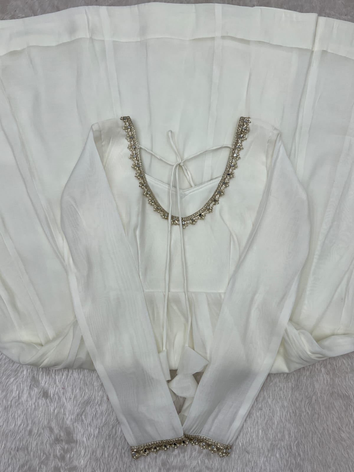 White Mal Chanderi  Mirror Work Designer Anarkali Gown Pant and Dupatta