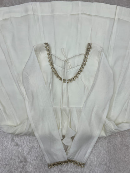 White Mal Chanderi  Mirror Work Designer Anarkali Gown Pant and Dupatta