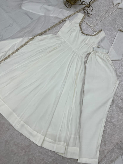 White Mal Chanderi  Mirror Work Designer Anarkali Gown Pant and Dupatta