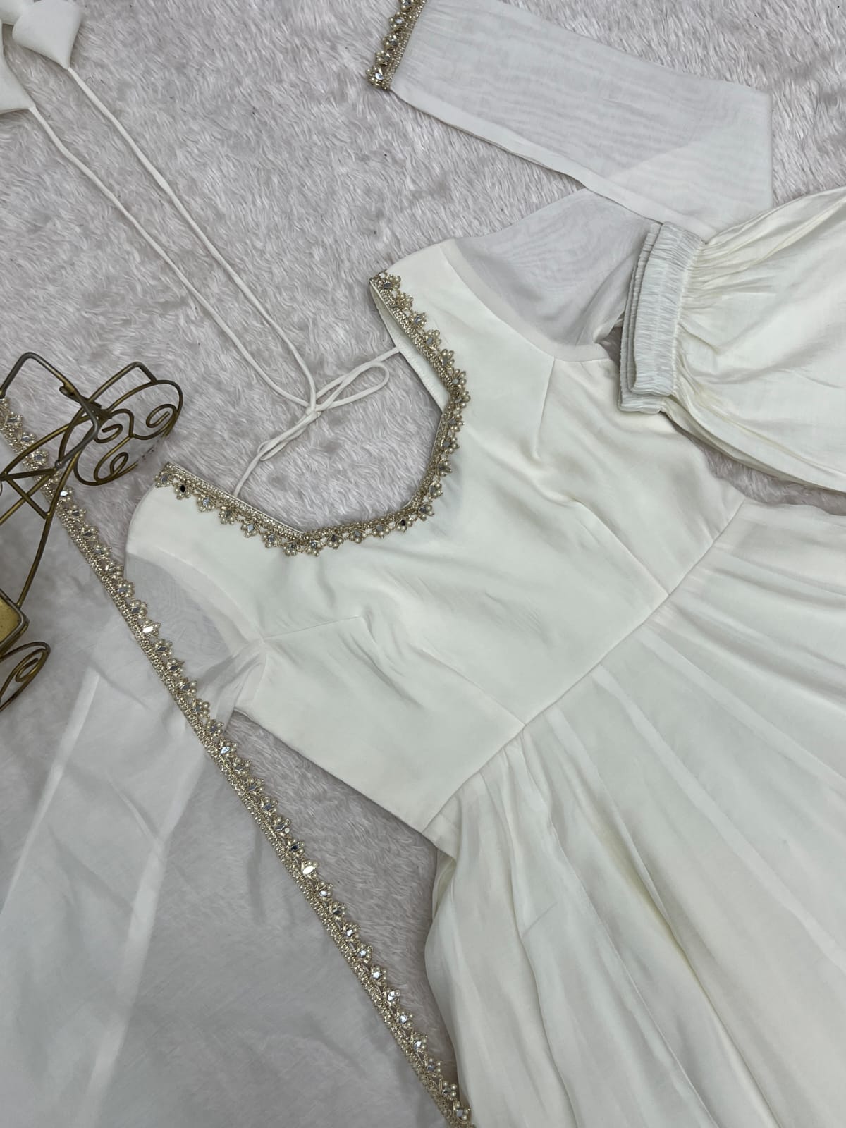 White Mal Chanderi  Mirror Work Designer Anarkali Gown Pant and Dupatta