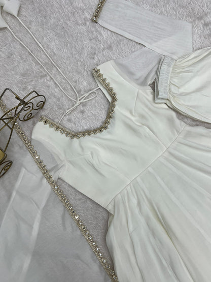 White Mal Chanderi  Mirror Work Designer Anarkali Gown Pant and Dupatta