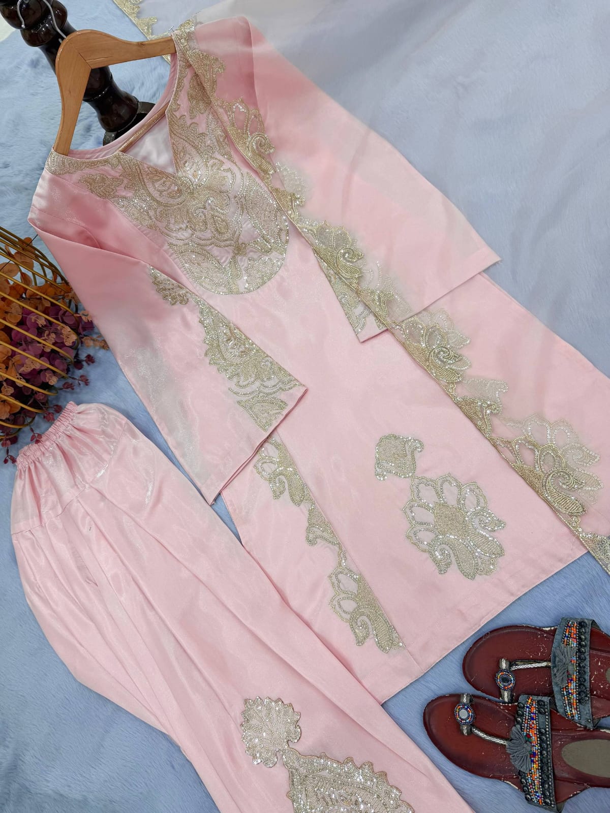 Designer Party Wear Look Pur Roman Glass Satin Top & Farshi Palazzo With Dupatta set