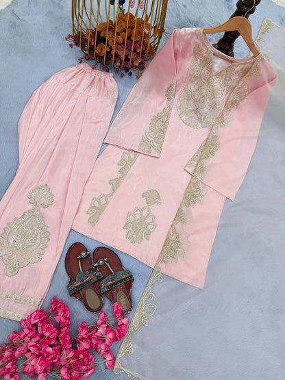 Designer Party Wear Look Pur Roman Glass Satin Top & Farshi Palazzo With Dupatta set