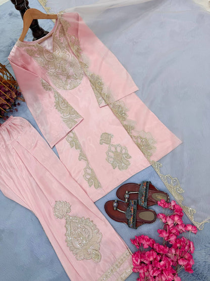 Designer Party Wear Look Pur Roman Glass Satin Top & Farshi Palazzo With Dupatta set