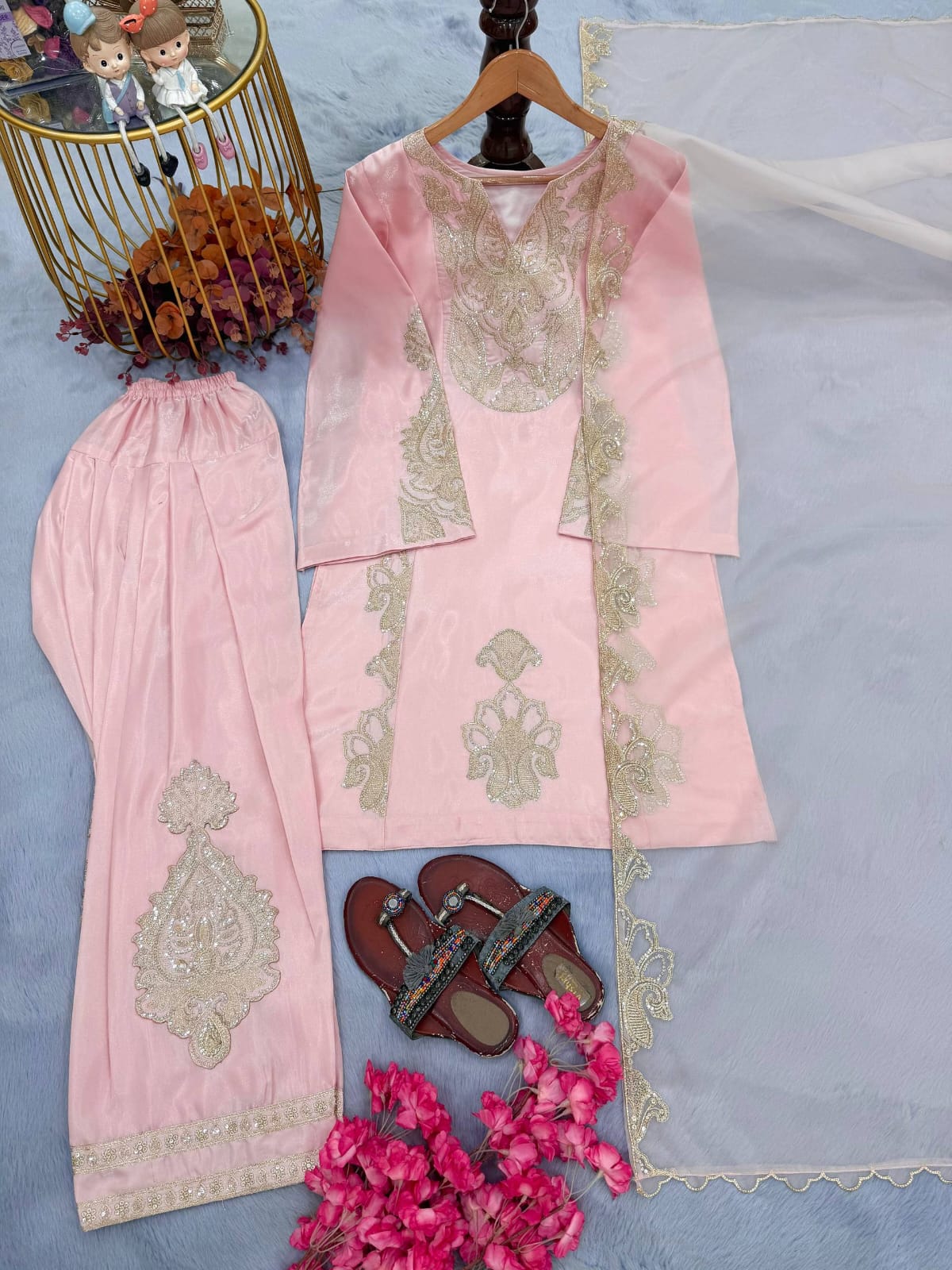 Designer Party Wear Look Pur Roman Glass Satin Top & Farshi Palazzo With Dupatta set