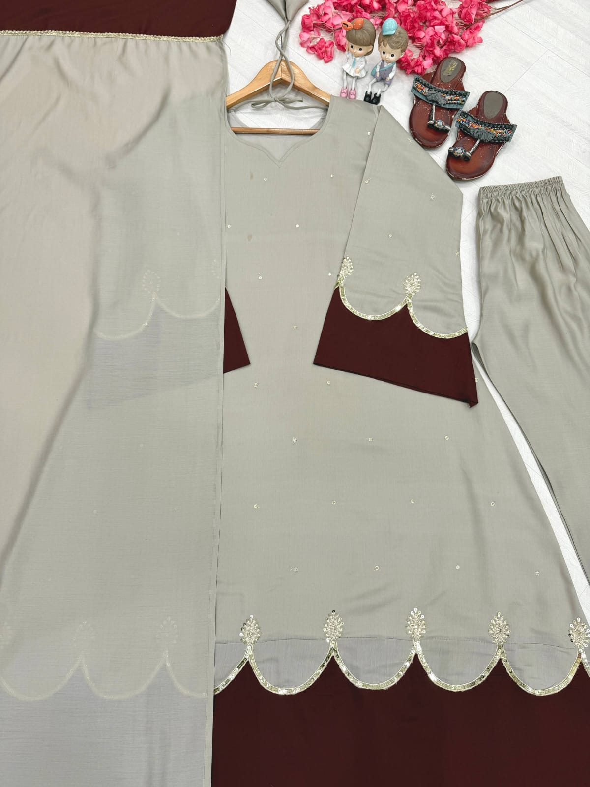 Designer Party Wear Look Pur Roman Silk Kaftan Dress & Palazzo With Dupatta set