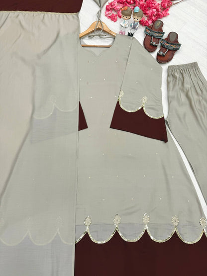 Designer Party Wear Look Pur Roman Silk Kaftan Dress & Palazzo With Dupatta set