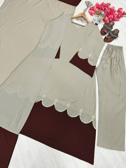 Designer Party Wear Look Pur Roman Silk Kaftan Dress & Palazzo With Dupatta set