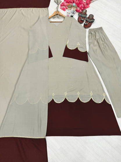 Designer Party Wear Look Pur Roman Silk Kaftan Dress & Palazzo With Dupatta set