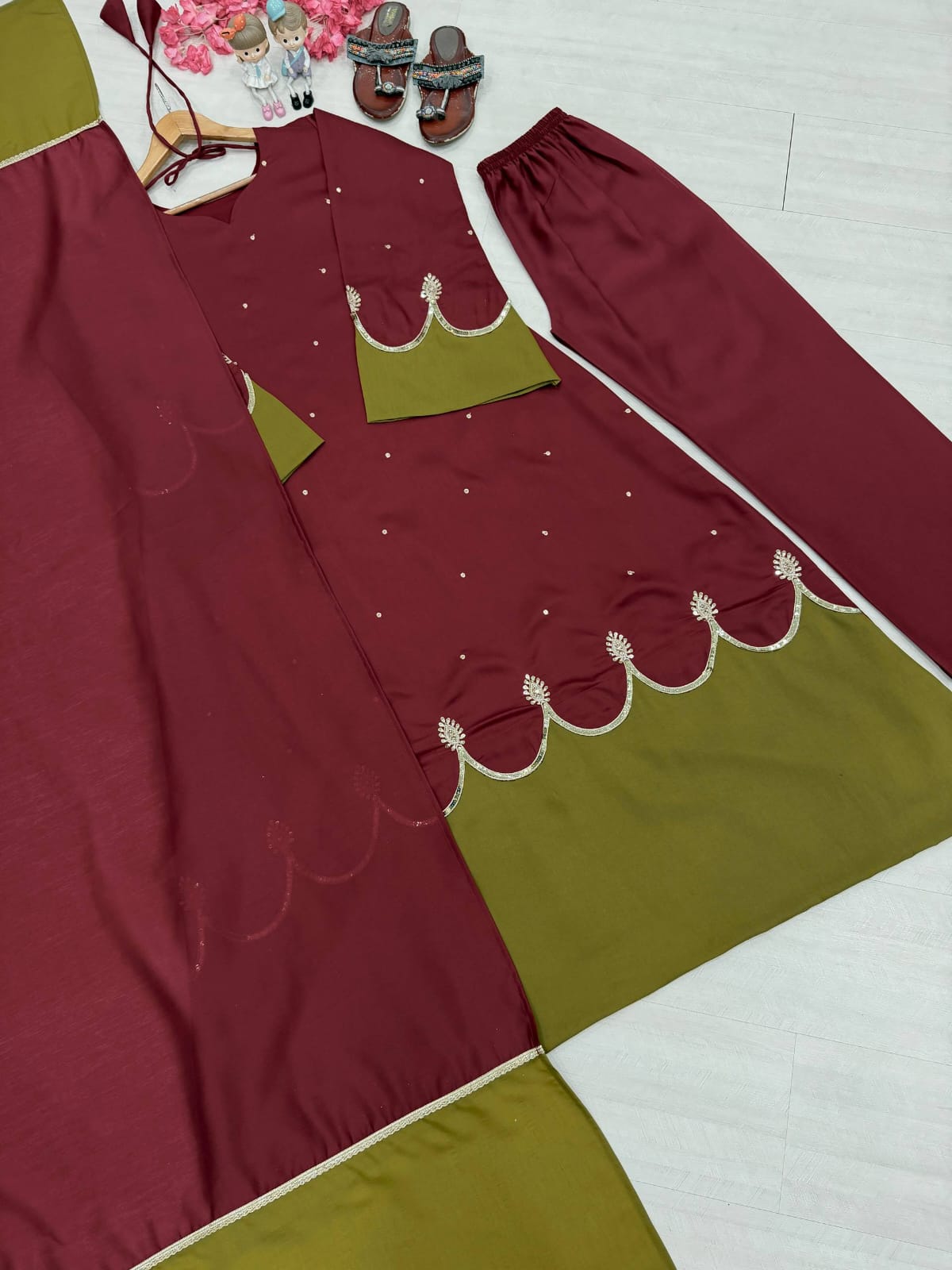 Designer Party Wear Look Pur Roman Silk Kaftan Dress & Palazzo With Dupatta set