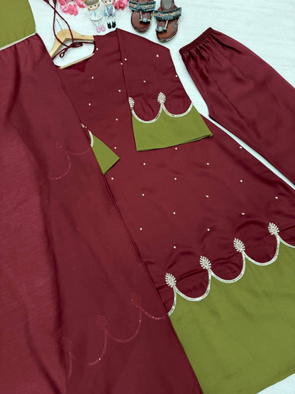Designer Party Wear Look Pur Roman Silk Kaftan Dress & Palazzo With Dupatta set