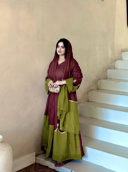 Designer Party Wear Look Pur Roman Silk Kaftan Dress & Palazzo With Dupatta set