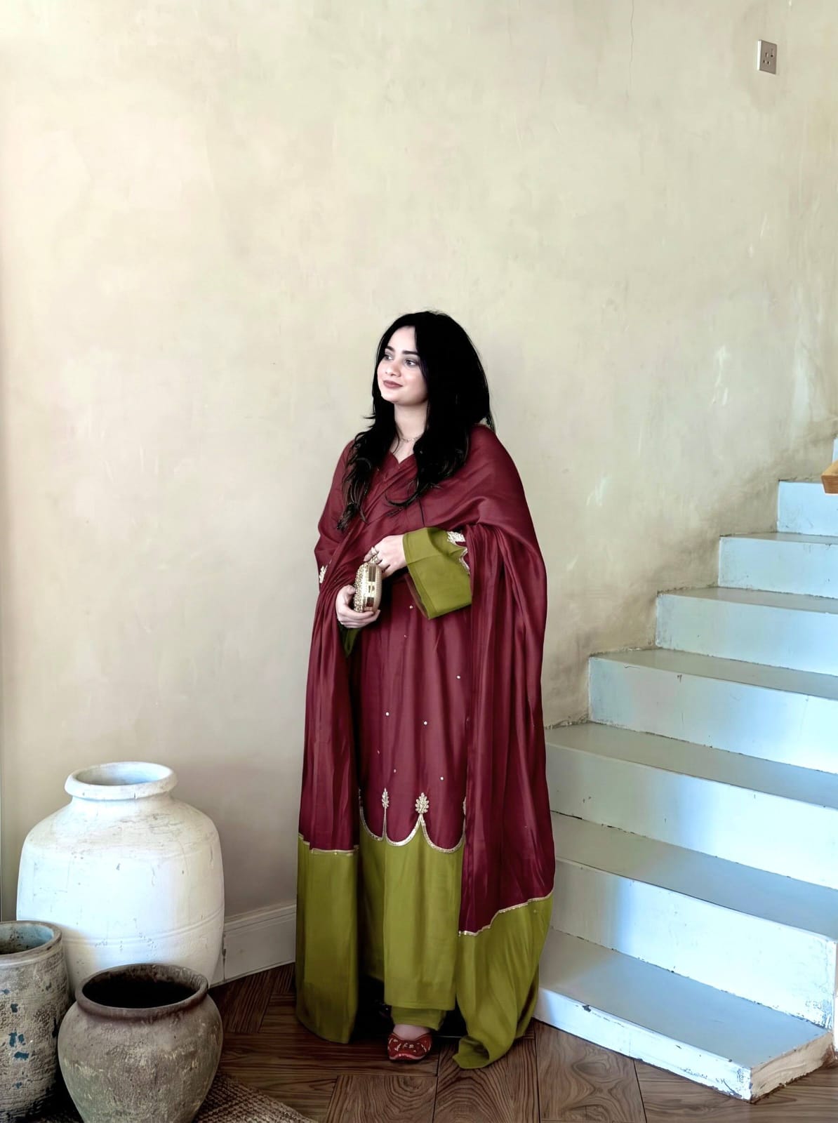 Designer Party Wear Look Pur Roman Silk Kaftan Dress & Palazzo With Dupatta set