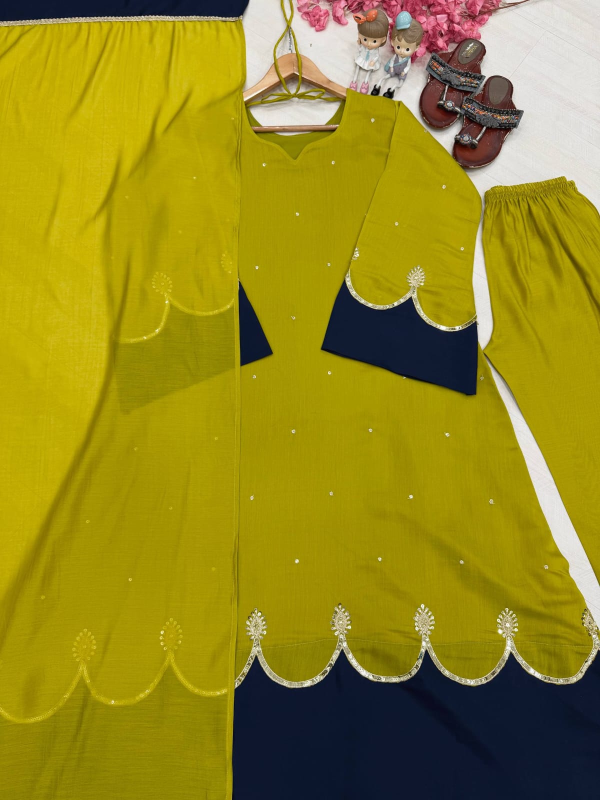 Designer Party Wear Look Pur Roman Silk Kaftan Dress & Palazzo With Dupatta set