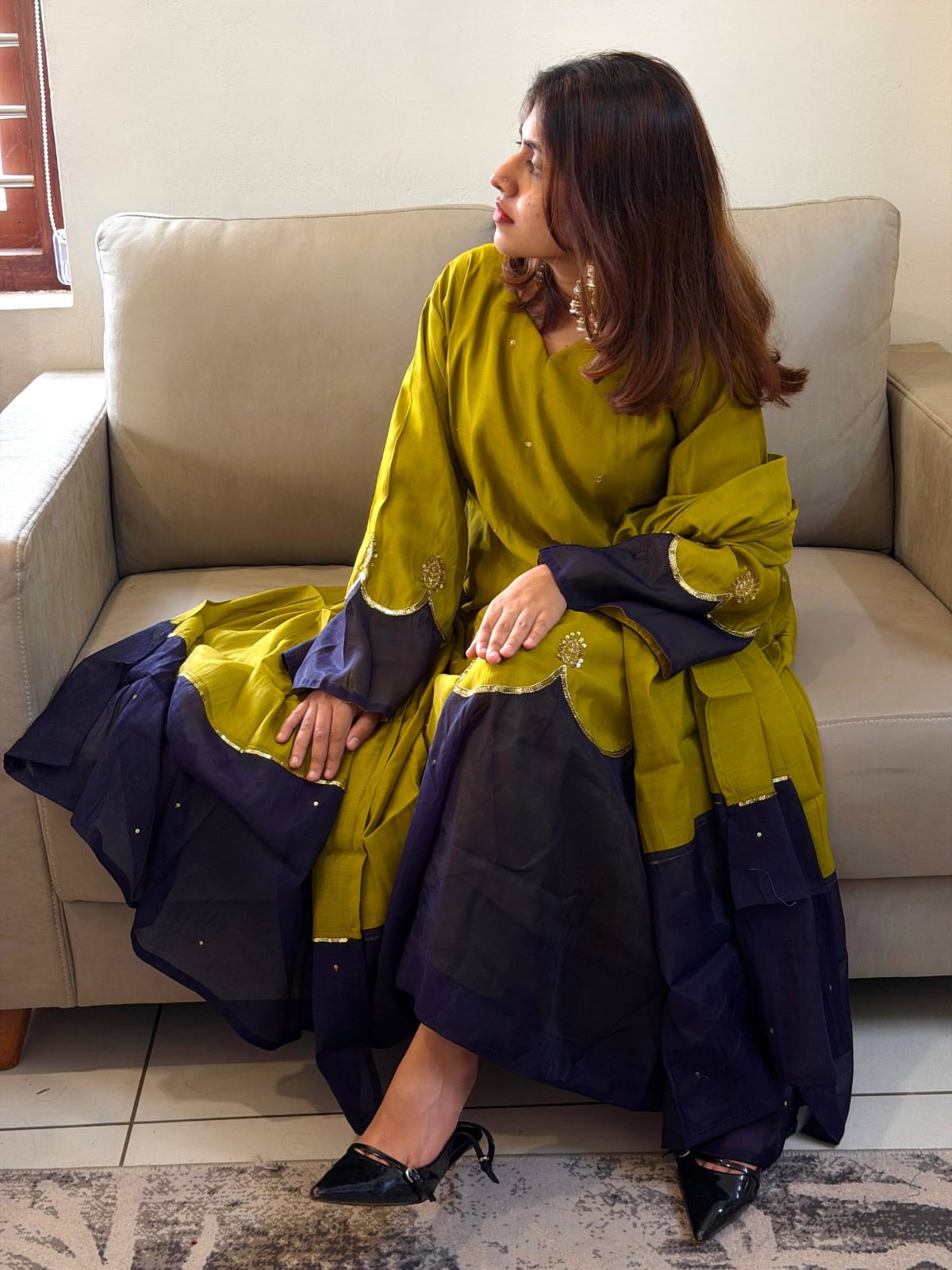 Designer Party Wear Look Pur Roman Silk Kaftan Dress & Palazzo With Dupatta set