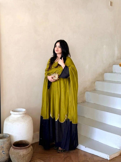 Designer Party Wear Look Pur Roman Silk Kaftan Dress & Palazzo With Dupatta set