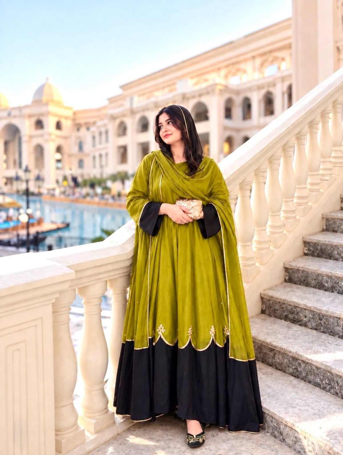 Designer Party Wear Look Pur Roman Silk Kaftan Dress & Palazzo With Dupatta set