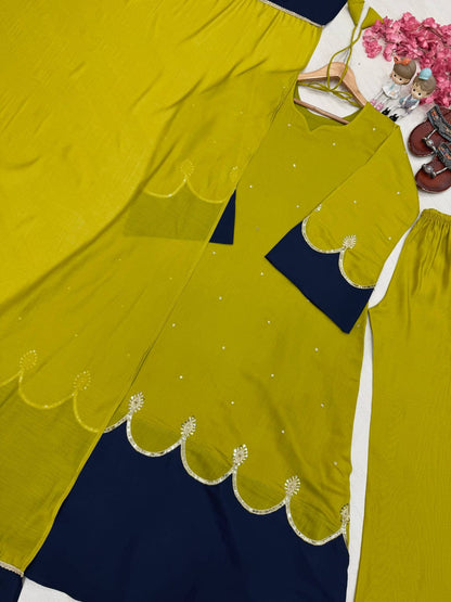 Designer Party Wear Look Pur Roman Silk Kaftan Dress & Palazzo With Dupatta set