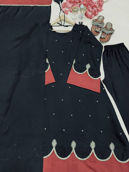 Designer Party Wear Look Pur Roman Silk Kaftan Dress & Palazzo With Dupatta set