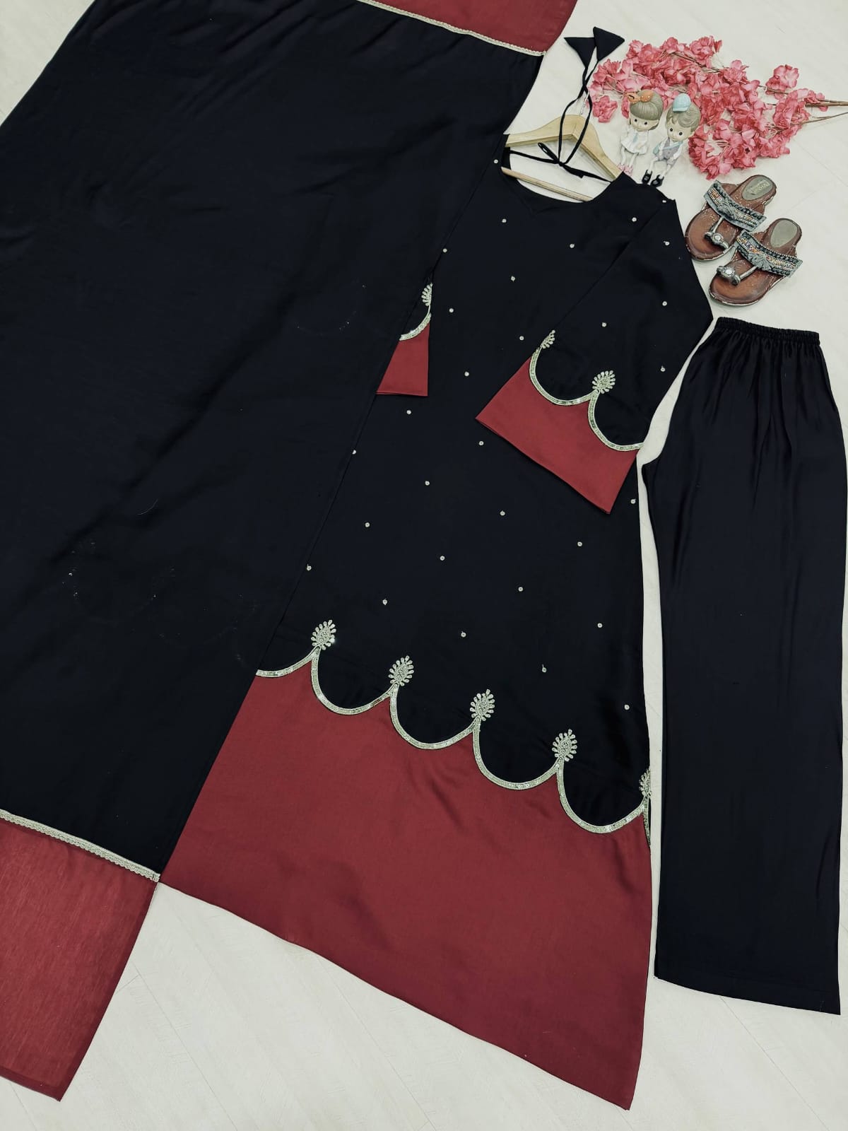 Designer Party Wear Look Pur Roman Silk Kaftan Dress & Palazzo With Dupatta set