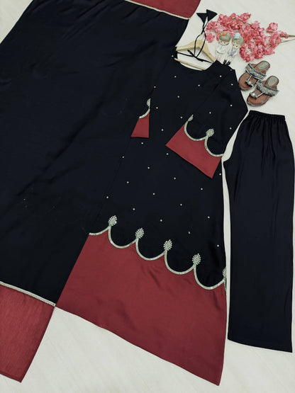 Designer Party Wear Look Pur Roman Silk Kaftan Dress & Palazzo With Dupatta set