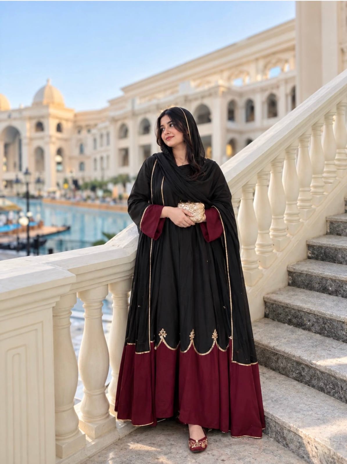 Designer Party Wear Look Pur Roman Silk Kaftan Dress & Palazzo With Dupatta set